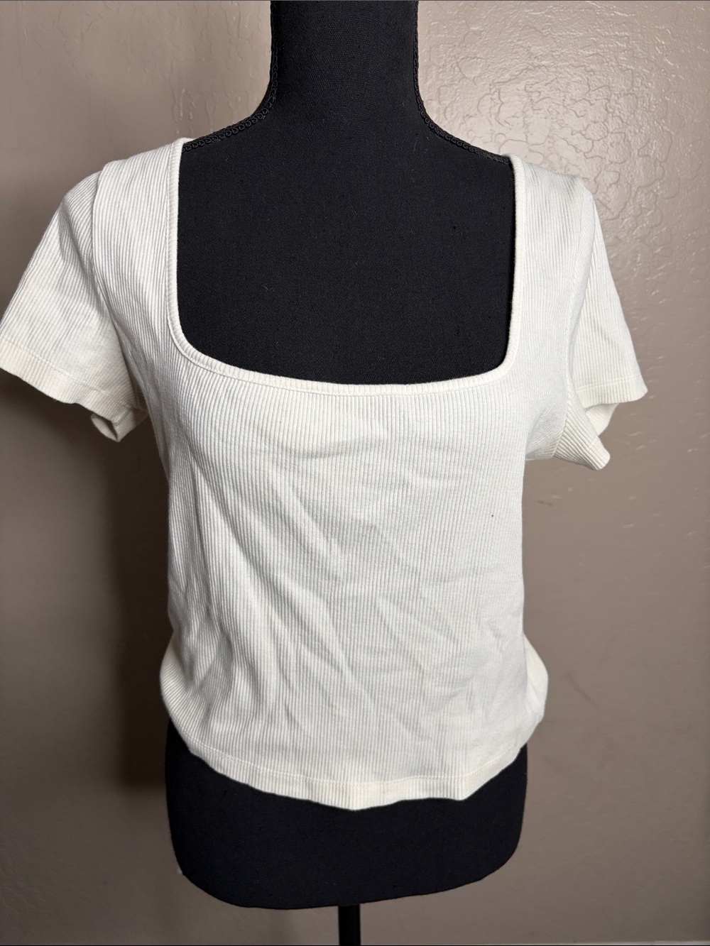 wild fable White Ribbed Square Neck Short Sleeve Top